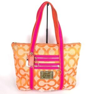 COACH POPPY Collection Signature Tote Bag Shoulder Bag Orange & Pink Handcrafted